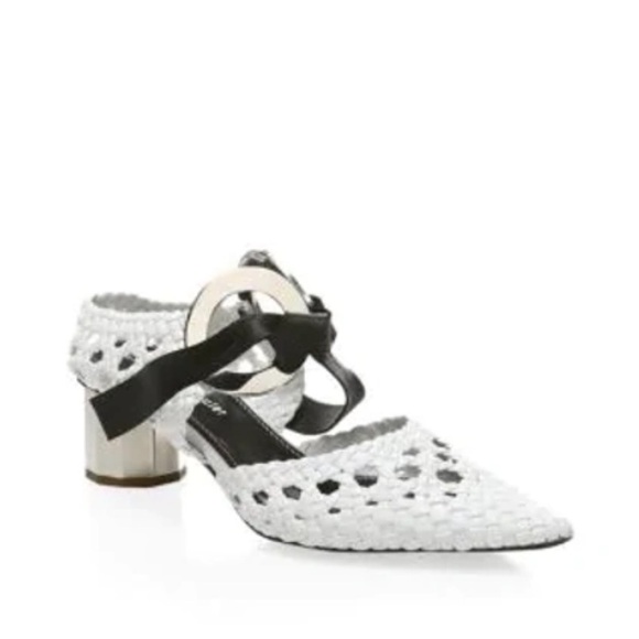 Proenza Schouler Woven Leather Mules Pointed Toe Silver Heel Black Bow - Picture 2 of 9